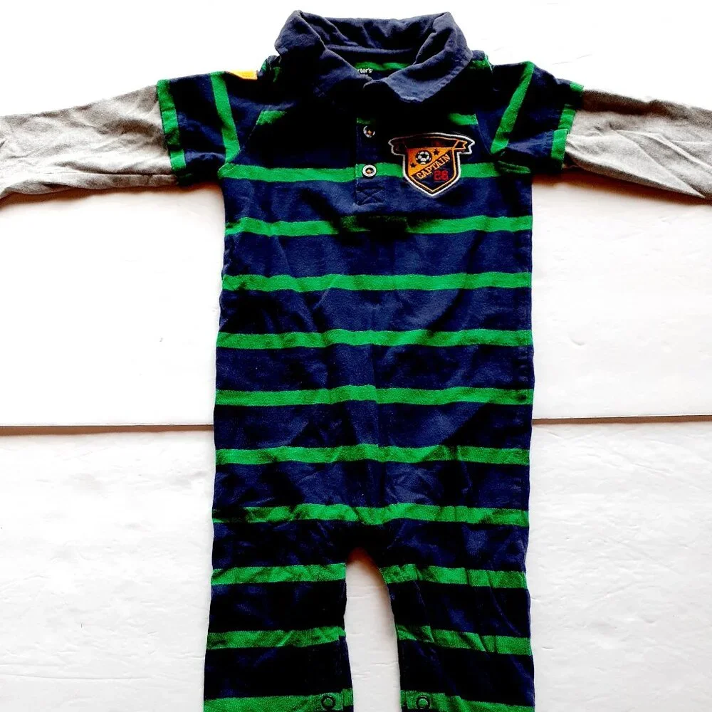 Carter's Boys Romper Navy Green Stripe Long Sleeve Soccer Jumpsuit 18 Months